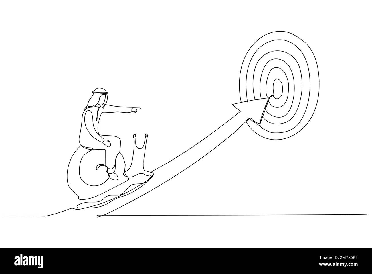 Illustrazione di un uomo d'affari arabo provato a cavallo lumaca lento a piedi sulla freccia per raggiungere l'obiettivo. Metafora del lento progresso aziendale, della pigrizia o del procrastin Illustrazione Vettoriale