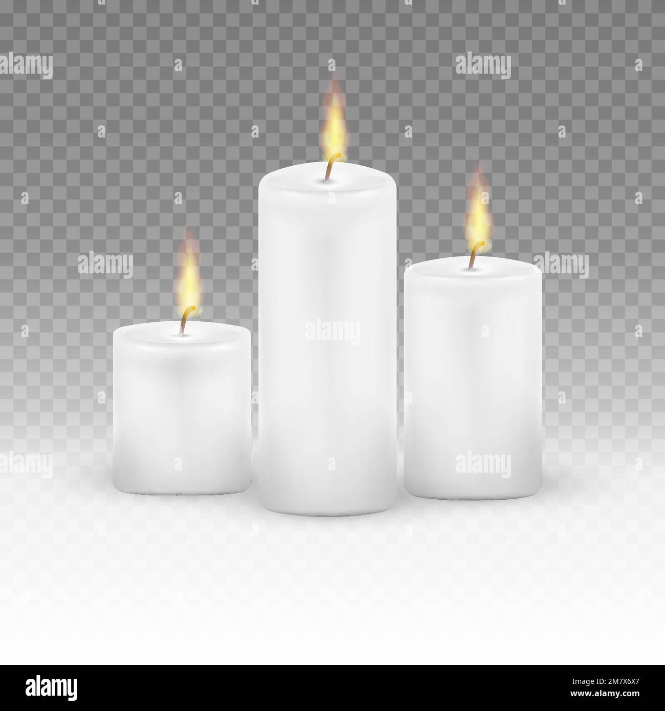 Set di candele accese. Candele realistiche fiamma fuoco luce isolata su sfondo trasparente. Illustrazione vettoriale. EPS 10. Illustrazione Vettoriale