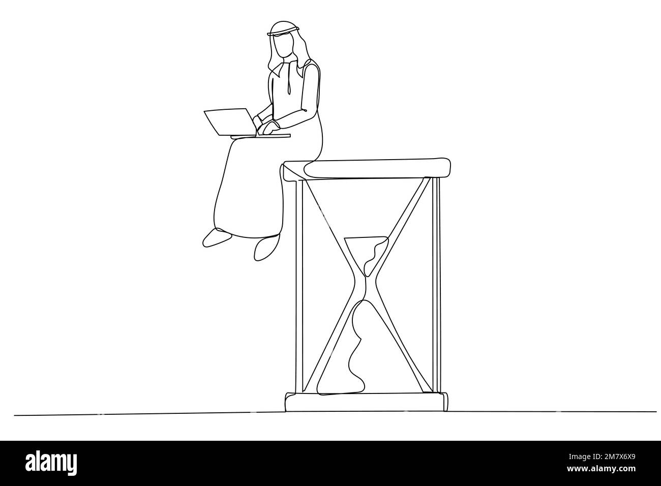 Illustrazione di un uomo d'affari arabo seduto sulla clessidra con le gambe del computer portatile incrociate. Gestione del tempo e concetto di procrastinazione. Un'arte di stile Illustrazione Vettoriale