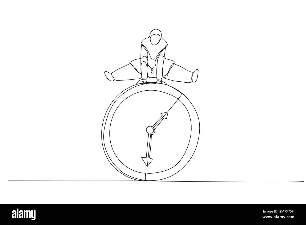 Cartone animato di lavoratore dipendente di una donna d'affari musulmana saltare nel tempo passando orologio. Scadenza aziendale o concetto di efficienza dell'orario di lavoro. Singolo continuo Illustrazione Vettoriale