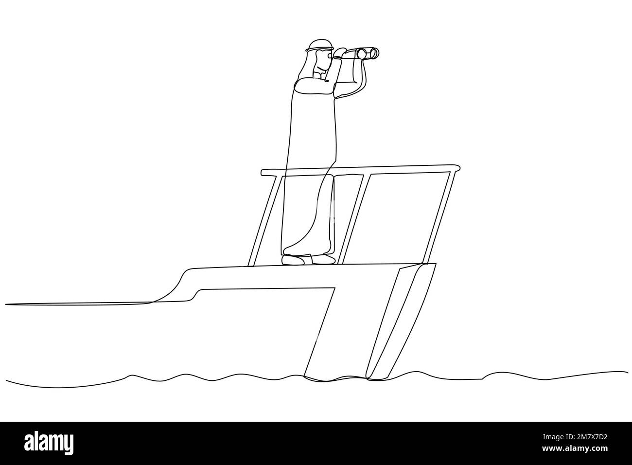 Cartone animato di un uomo d'affari arabo intelligente capitano di barca controllo volante timone con visione telescopica. Leadership aziendale e visionario a guidare l'azienda su Illustrazione Vettoriale