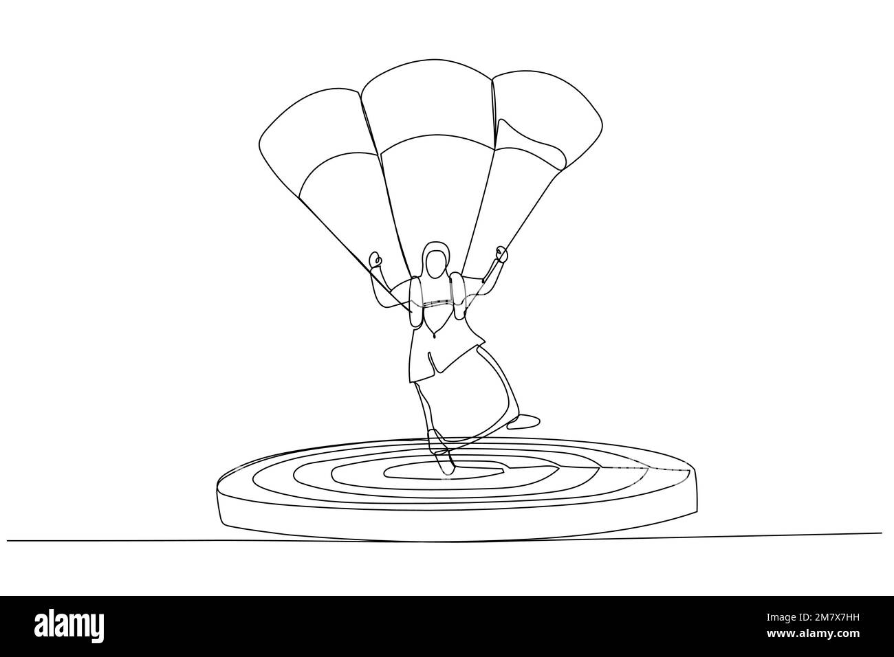 Disegno di una donna d'affari musulmana focalizzata su un bersaglio con paracadute. Stile artistico a linea continua singola Illustrazione Vettoriale