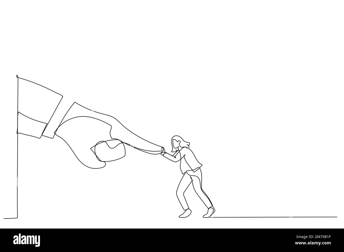 Disegno di coraggiosa donna d'affari lotta e continuare a spingere contro la mano gigante business. Metafora per conflitto contro capo o datore di lavoro, david e goliath. Illustrazione Vettoriale