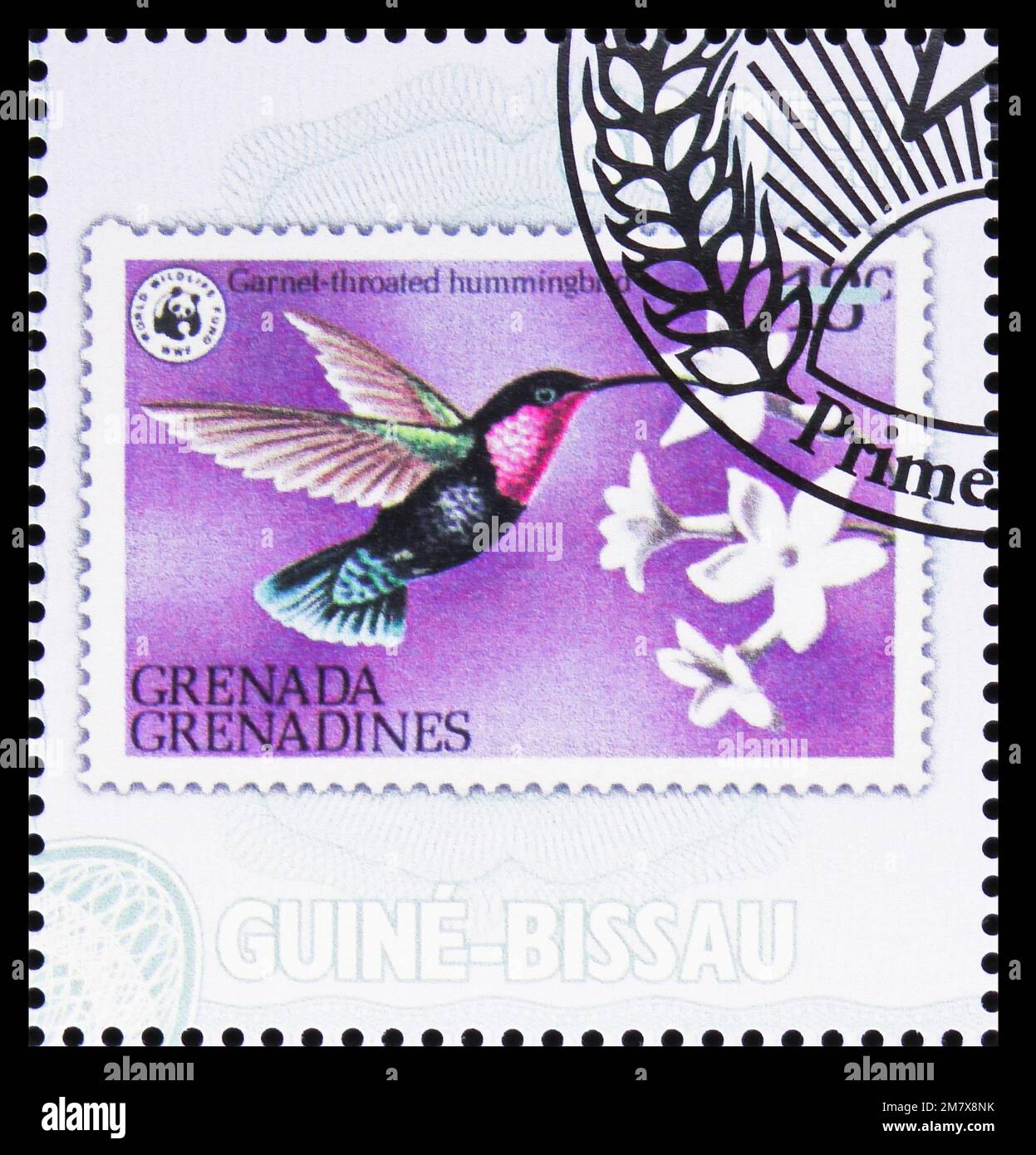 MOSCA, RUSSIA - 12 LUGLIO 2022: Francobollo stampato in Guinea-Bissau mostra Hummingbird (Lamprolaima rhami), francobolli su serie di francobolli, c Foto Stock