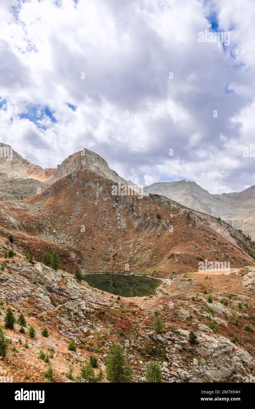 Lago di Loie circondato da rocce alpine con erba gialla appassita d'autunno e pini nani sotto le nuvole bianche nel Parco Nazionale Gran Paradiso Foto Stock