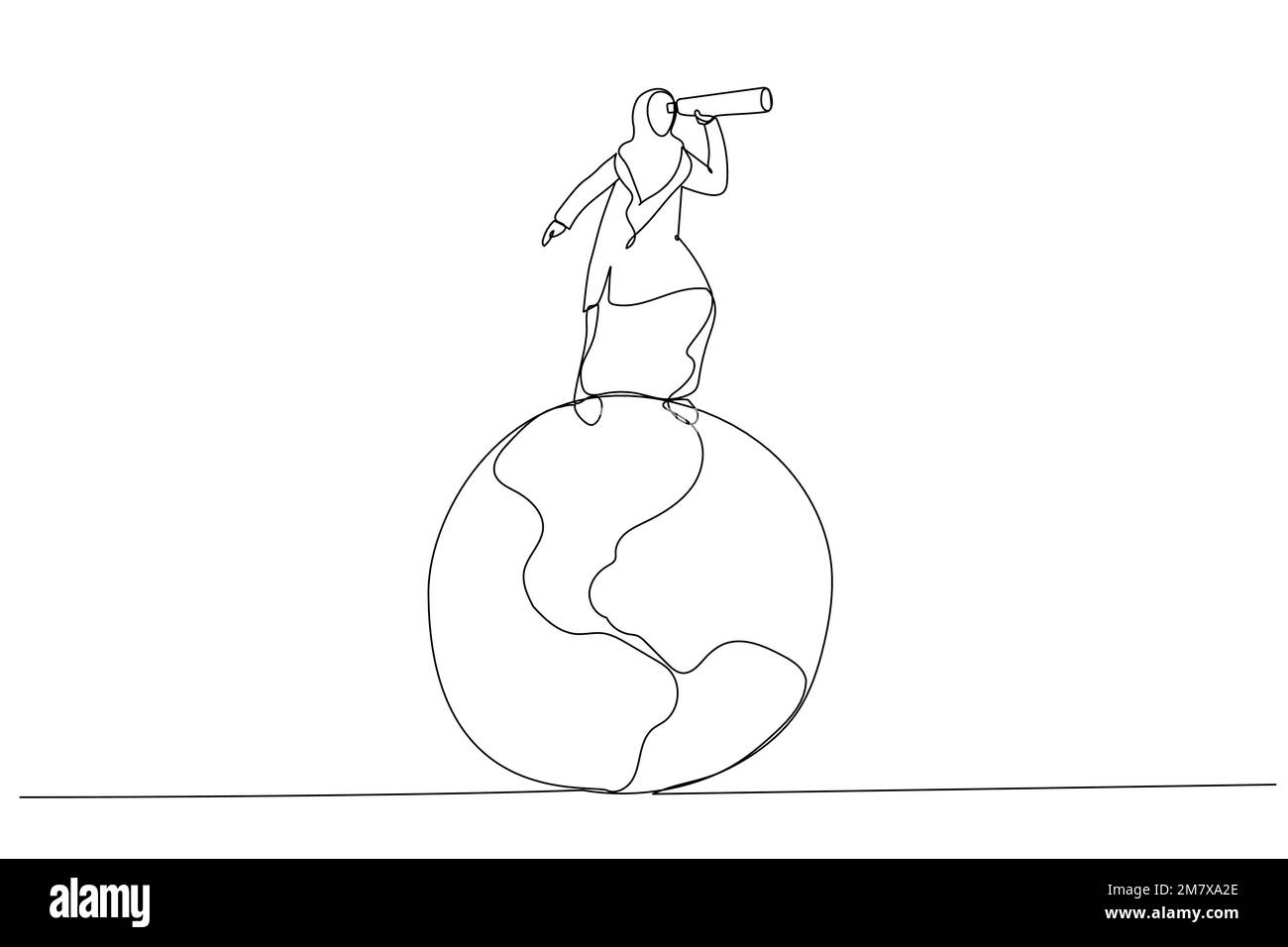 Illustrazione di una donna d'affari musulmana in piedi sul pianeta terra globo utilizzando il telescopio ricerca nuova opportunità. Globalizzazione, visione aziendale globale. Uno Illustrazione Vettoriale