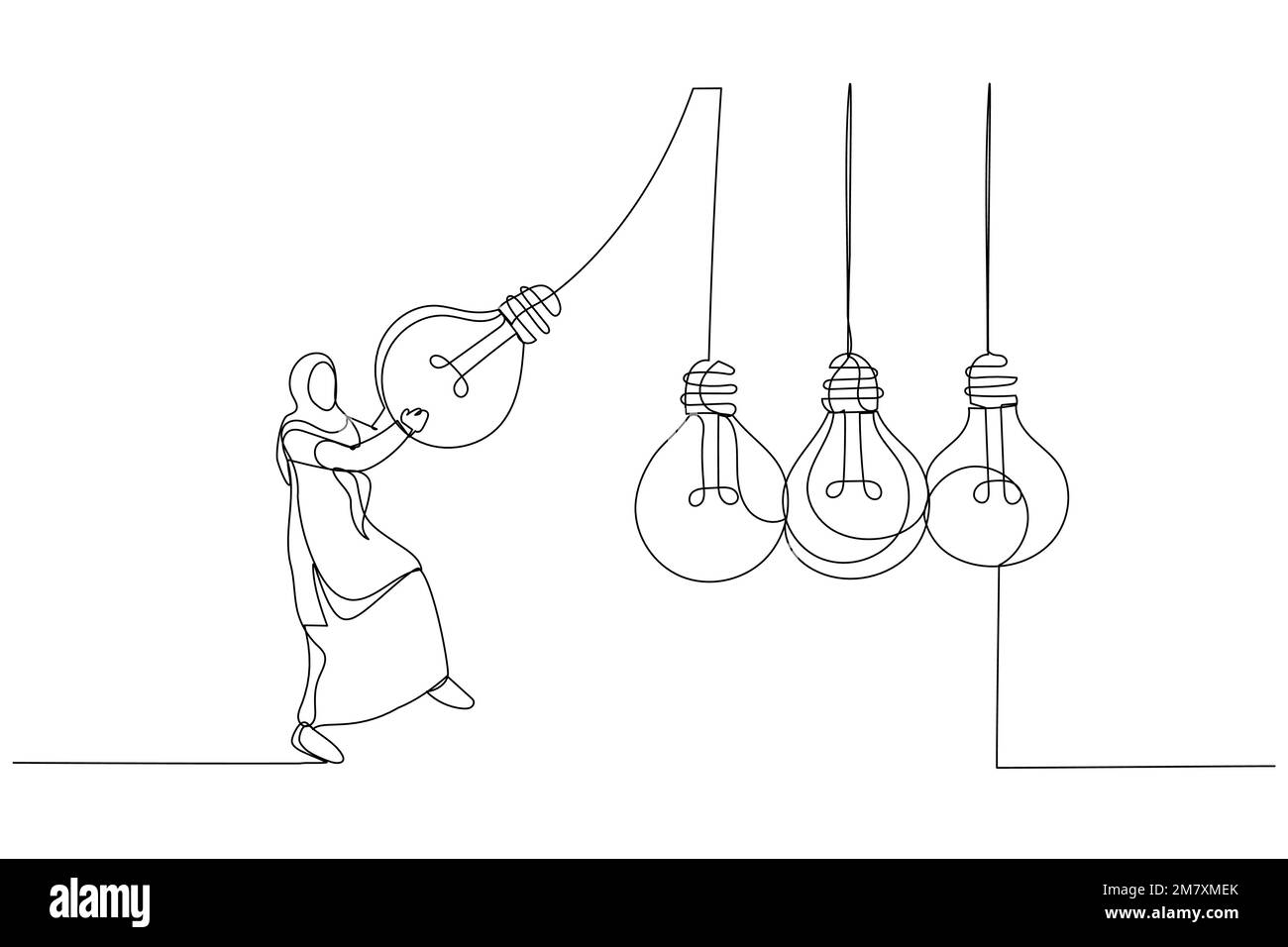 Illustrazione di una donna d'affari araba musulmana manager tirare luce brillante come pendolo per trasferire la conoscenza. Stile artistico a linea singola Illustrazione Vettoriale