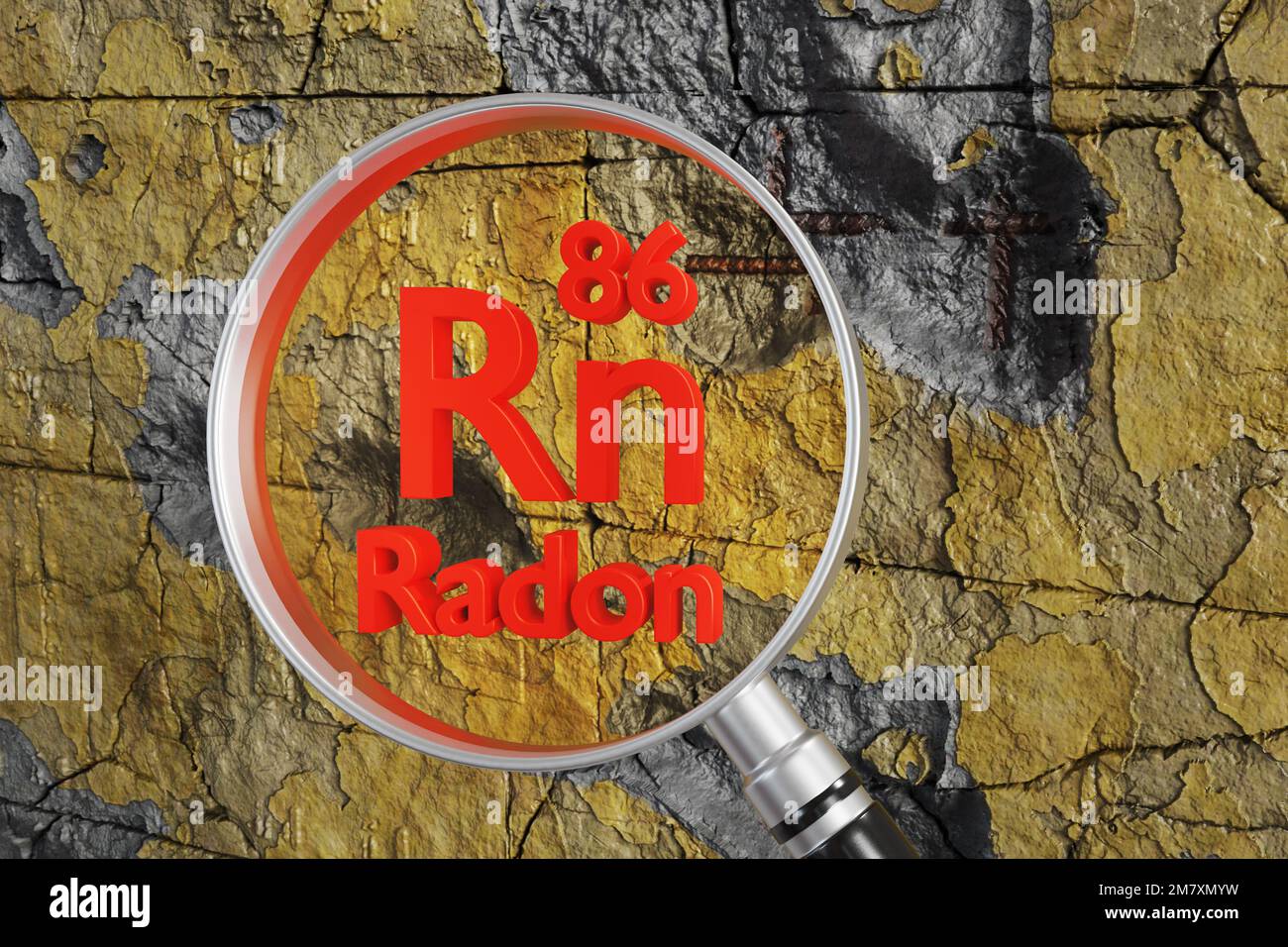 Lente d'ingrandimento che si concentra sul simbolo chimico di Radon su muro di cemento rotto.il concetto di pericoli di gas radon che si libera da muro Foto Stock