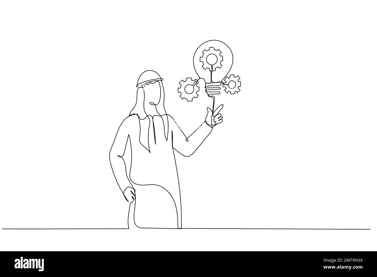 Disegno di un uomo d'affari arabo musulmano che presenta una lampadina innovativa con ingranaggi e ingranaggi concetto di innovazione. Stile artistico a una linea Illustrazione Vettoriale