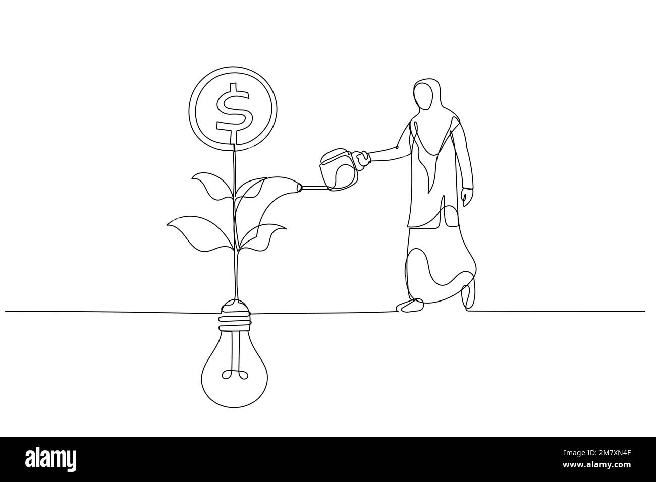 Disegno della donna d'affari musulmana araba che innaffia sulla pianta di seedling di moneta crescente da metafora di idea della lampadina di monetize. Linea singola ART STYL Illustrazione Vettoriale