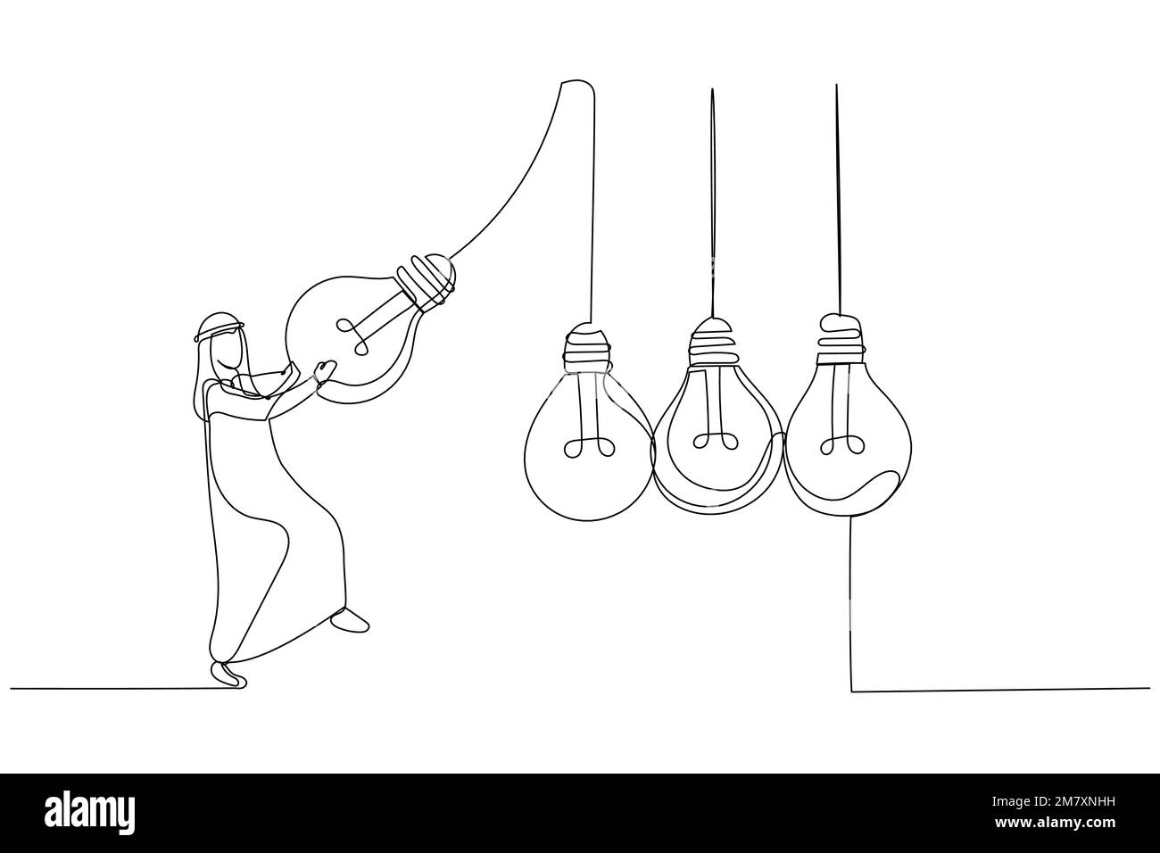Disegno di un uomo d'affari arabo musulmano manager tirare luce brillante come pendolo per trasferire la conoscenza. Uno stile artistico a linea continua Illustrazione Vettoriale