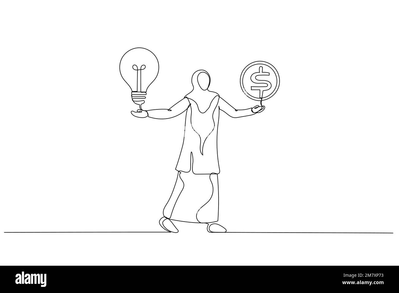 Cartone animato di arabo musulmano businesswoman con l'idea della lampadina nella sua mano prova a fare i soldi. Stile artistico a una linea Illustrazione Vettoriale