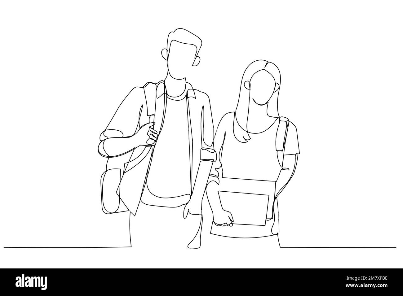 Disegno di due studenti nel campus in piedi da un lato all'altro guardando dritto. Stile artistico a linea continua singola Illustrazione Vettoriale