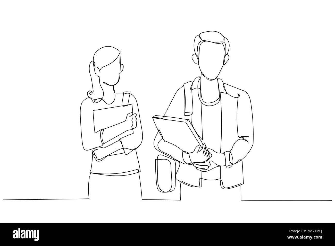 Cartone animato di due studenti in piedi insieme. Stile artistico a una linea Illustrazione Vettoriale