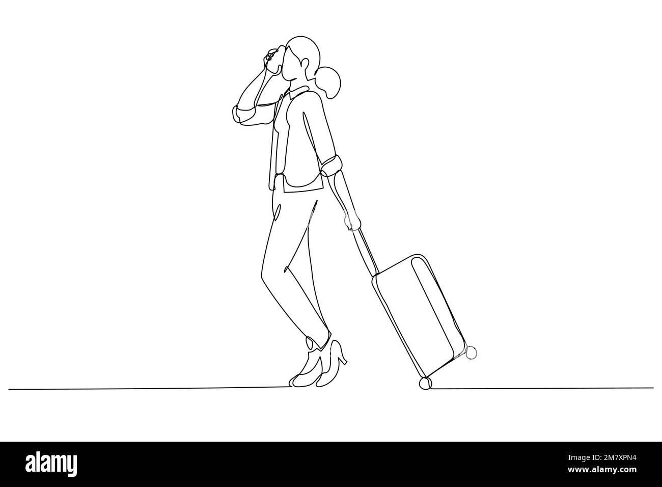 Cartone animato di lato intero di una donna d'affari che cammina con valigia e che parla sul telefono cellulare in aeroporto. Stile artistico a una linea Illustrazione Vettoriale
