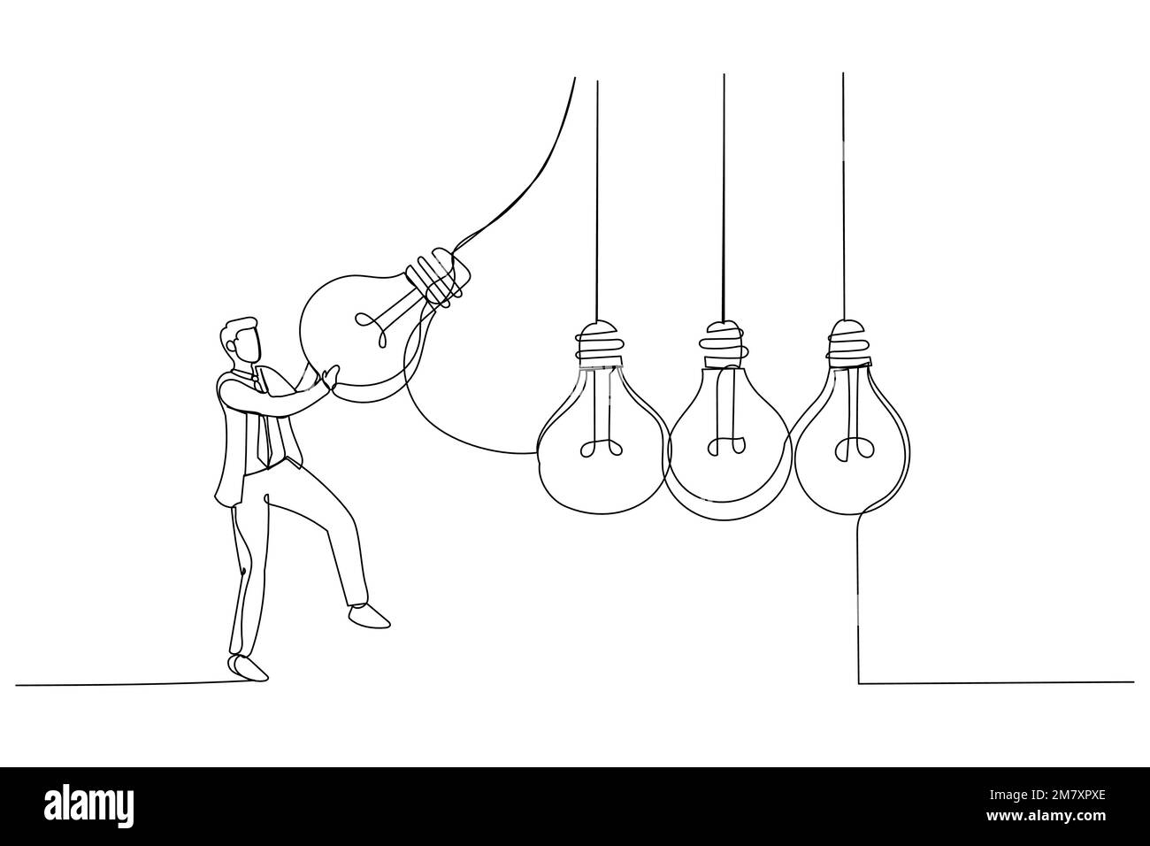 Illustrazione di un uomo d'affari manager tirare la lampadina luminosa come pendolo per trasferire la conoscenza. ART a linea continua singola Illustrazione Vettoriale