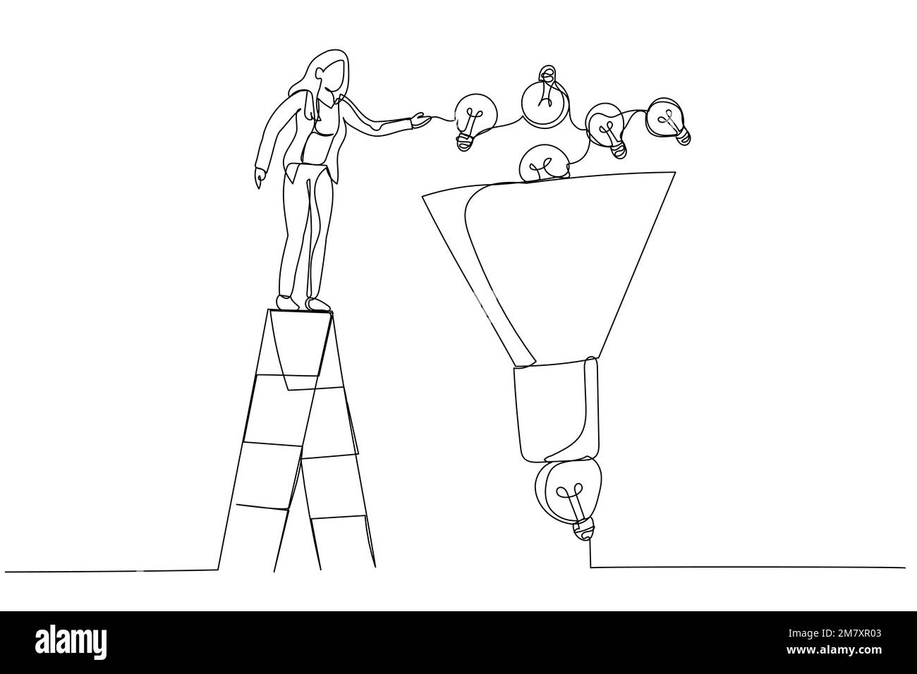 Disegno di businesswoman aiutare mettere piccola lampadina in imbuto per ottenere l'idea finale. Imbuto idea. Stile artistico a una linea Illustrazione Vettoriale