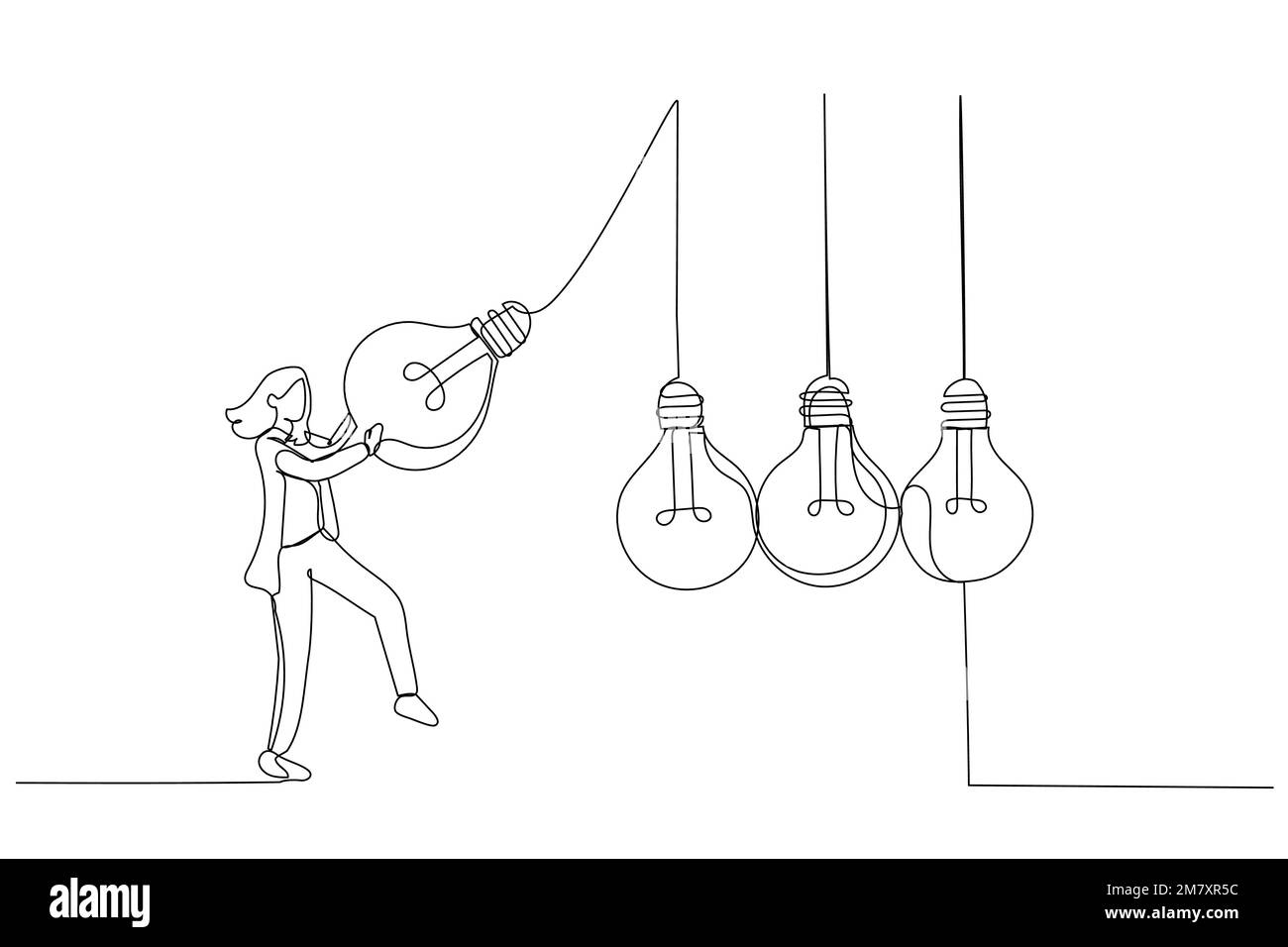 Cartone animato del manager di una donna d'affari tira la lampadina luminosa come pendolo per trasferire la conoscenza. Stile artistico a linea continua Illustrazione Vettoriale