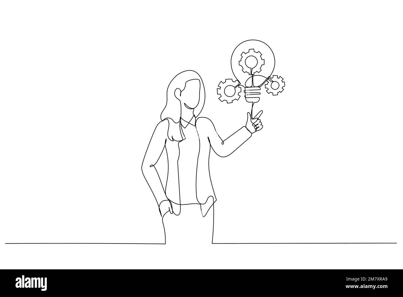 Cartone animato di una donna d'affari che presenta una lampadina innovativa con ingranaggi e ingranaggi concetto di innovazione. Stile artistico a linea continua singola Illustrazione Vettoriale