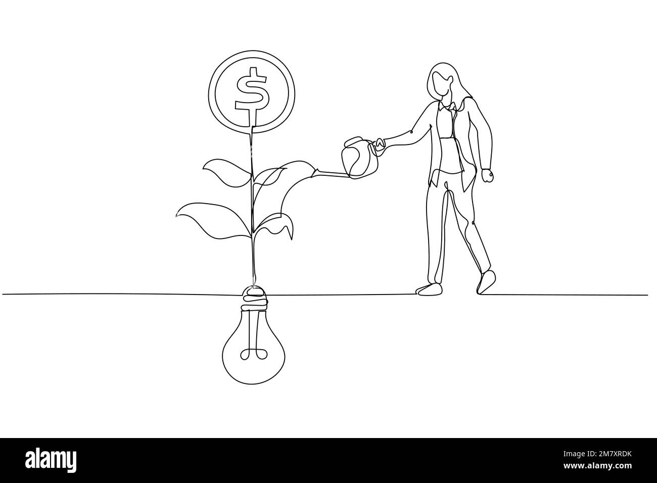 Cartone animato di annaffiatura donna d'affari su pianta di seedling di moneta crescente da metafora di idea della lampadina di monetize. Stile artistico a linea continua singola Illustrazione Vettoriale
