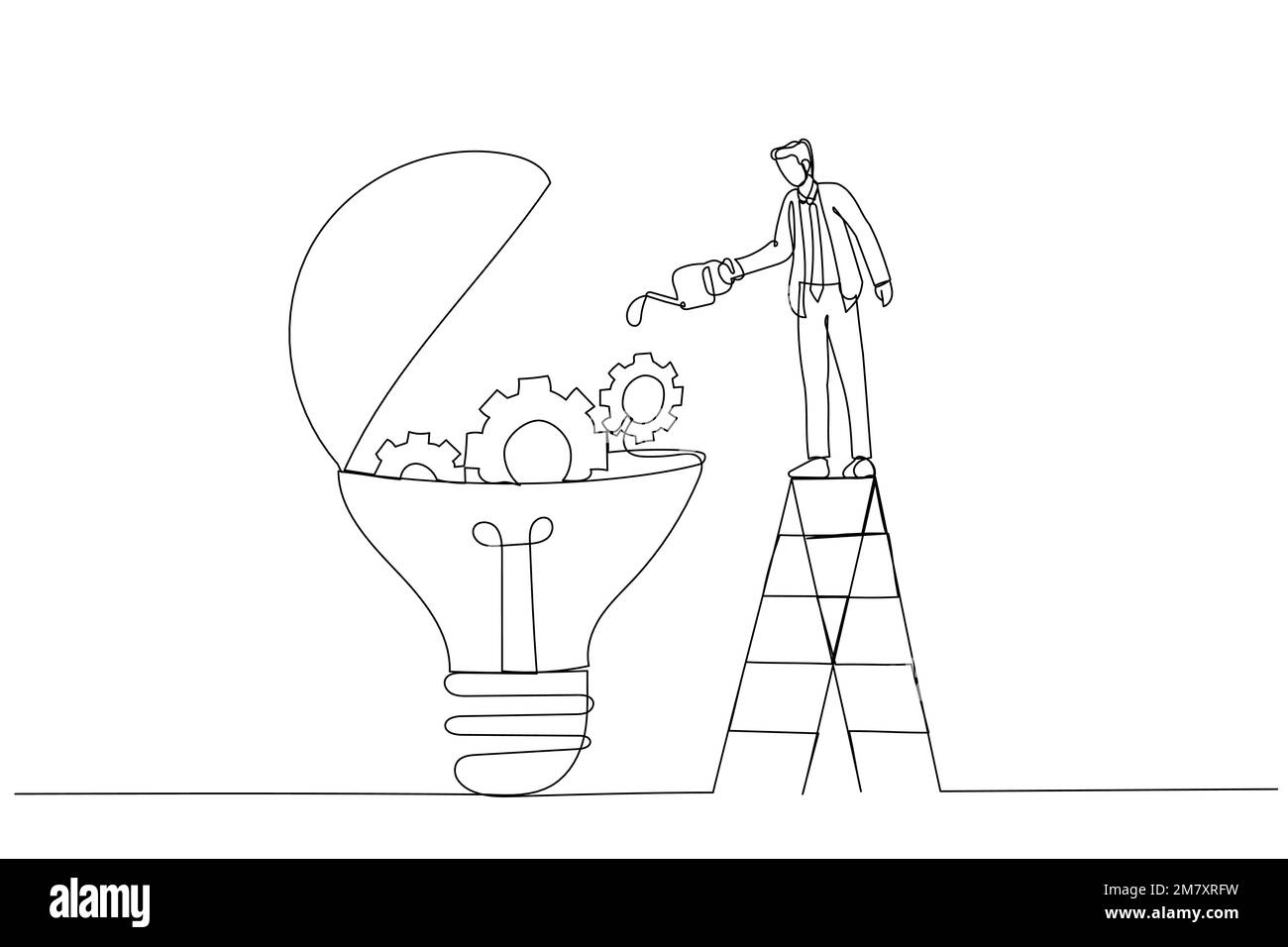 Illustrazione di un uomo d'affari che presenta una lampadina innovativa con ingranaggi e ingranaggi concetto di innovazione. Stile artistico a linea singola Illustrazione Vettoriale