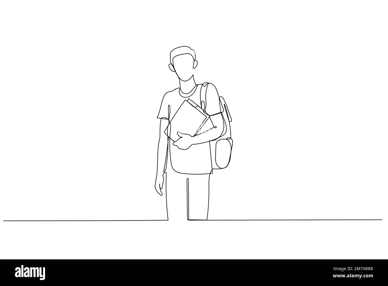 Cartone animato di giovane studente universitario con zaino e libri. Un'arte di stile Illustrazione Vettoriale