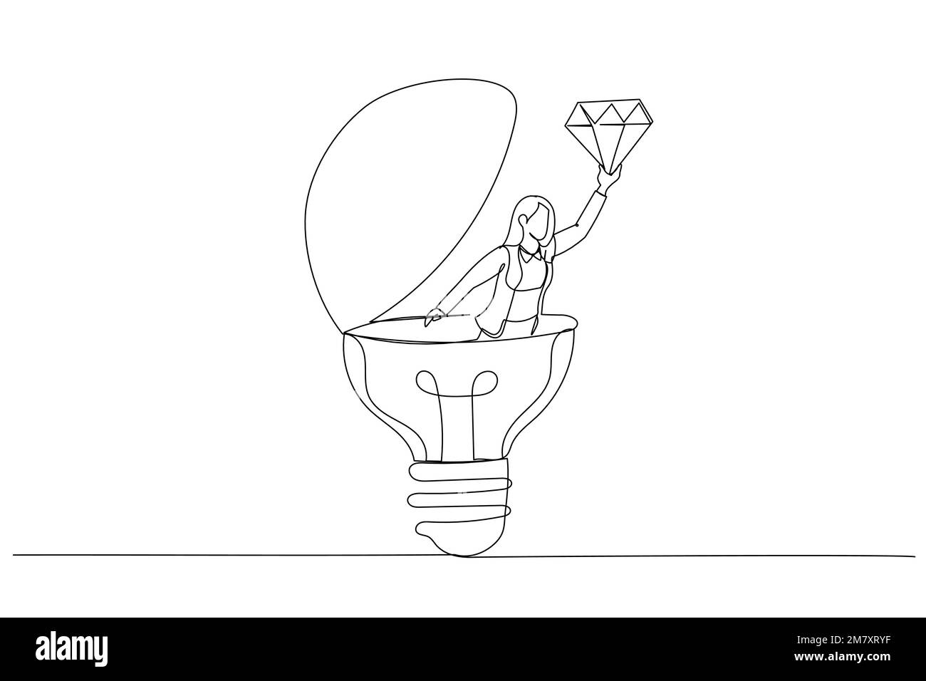 Cartone animato di businesswoman scoprire diamante prezioso inestimabile da brillante idea lampadina. Valore aziendale. Stile artistico a linea continua Illustrazione Vettoriale