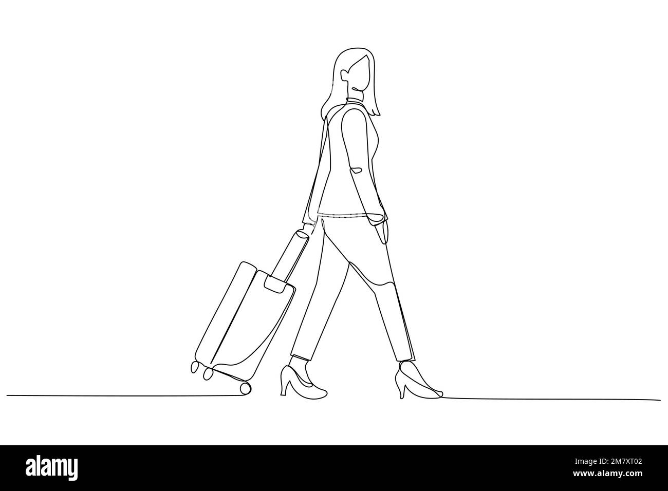 Cartone animato di una giovane donna d'affari che cammina in aeroporto. Uno stile artistico a linea continua Illustrazione Vettoriale