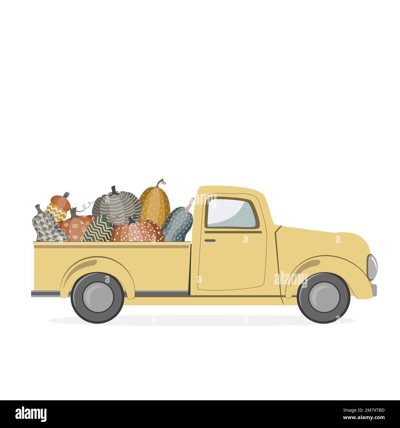 Illustrazione di un camion giallo o pick-up con carine zucche nel tronco per la festa del raccolto autunno Illustrazione Vettoriale