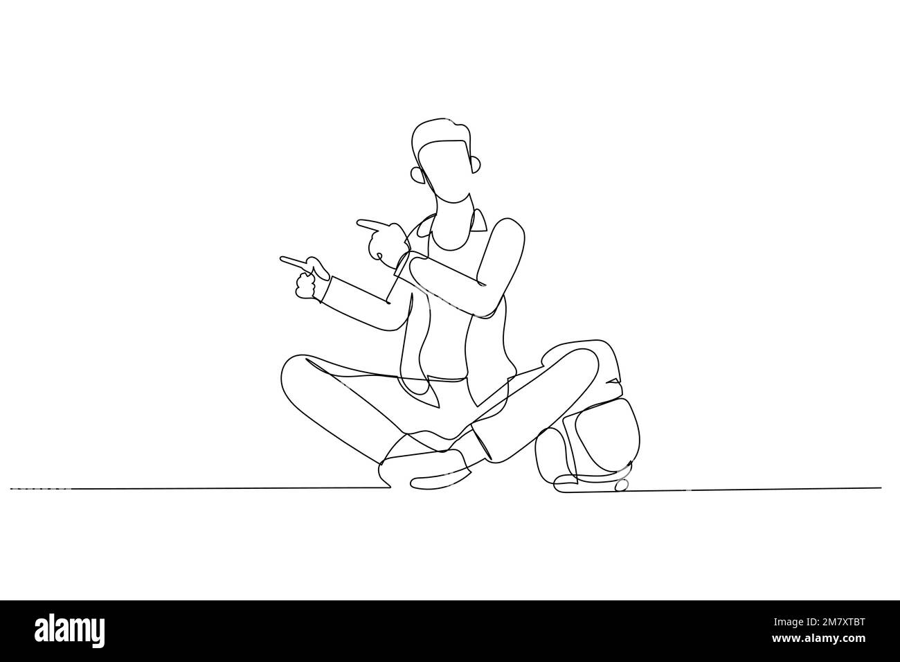 Cartone animato di giovane studente con abiti casual tenendo lo zaino punta dito da parte. Stile artistico a una linea Illustrazione Vettoriale