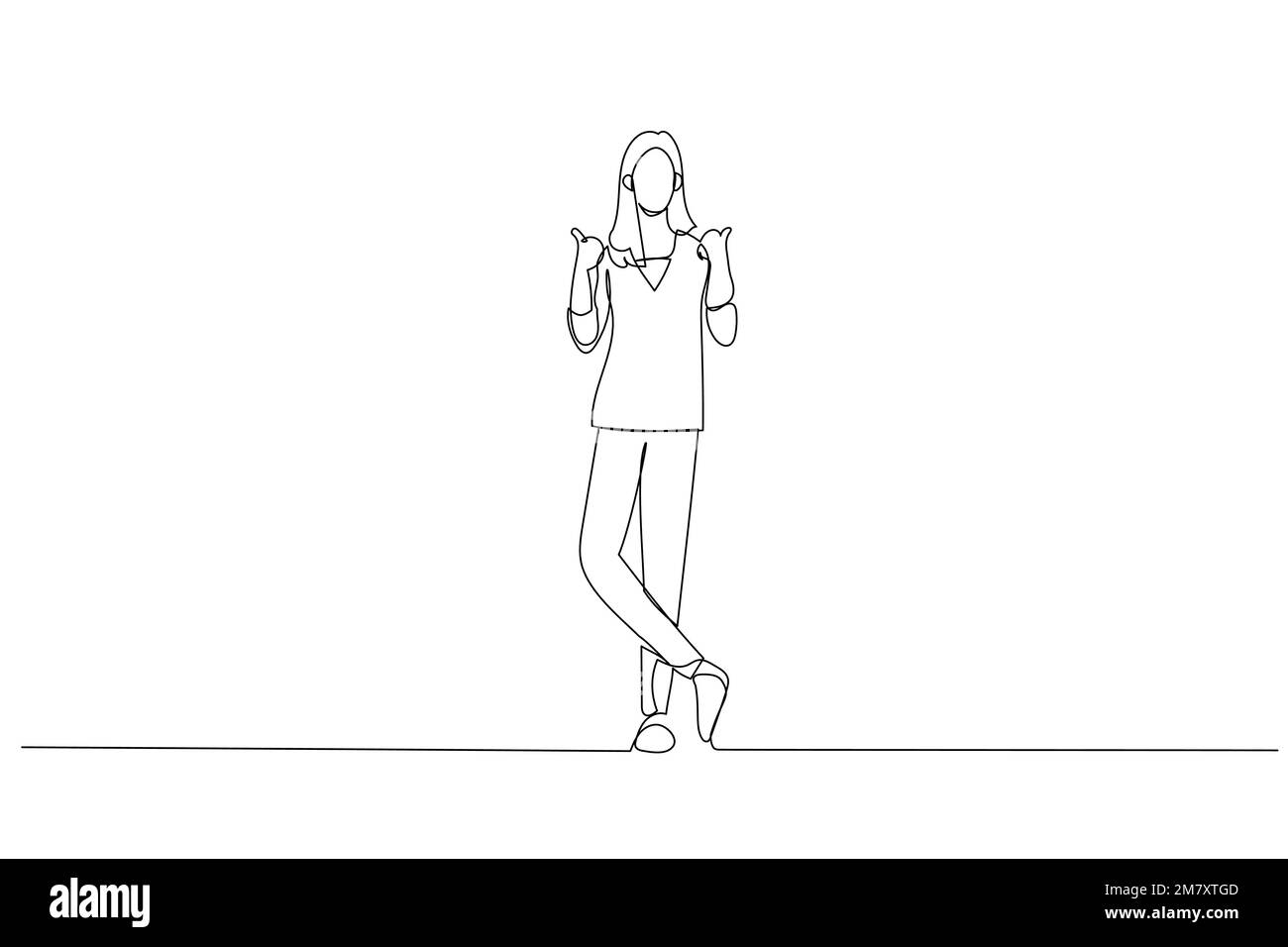 Cartone animato di felice donna d'affari in studio. mostra le dita verso l'alto. Stile artistico a una linea Illustrazione Vettoriale