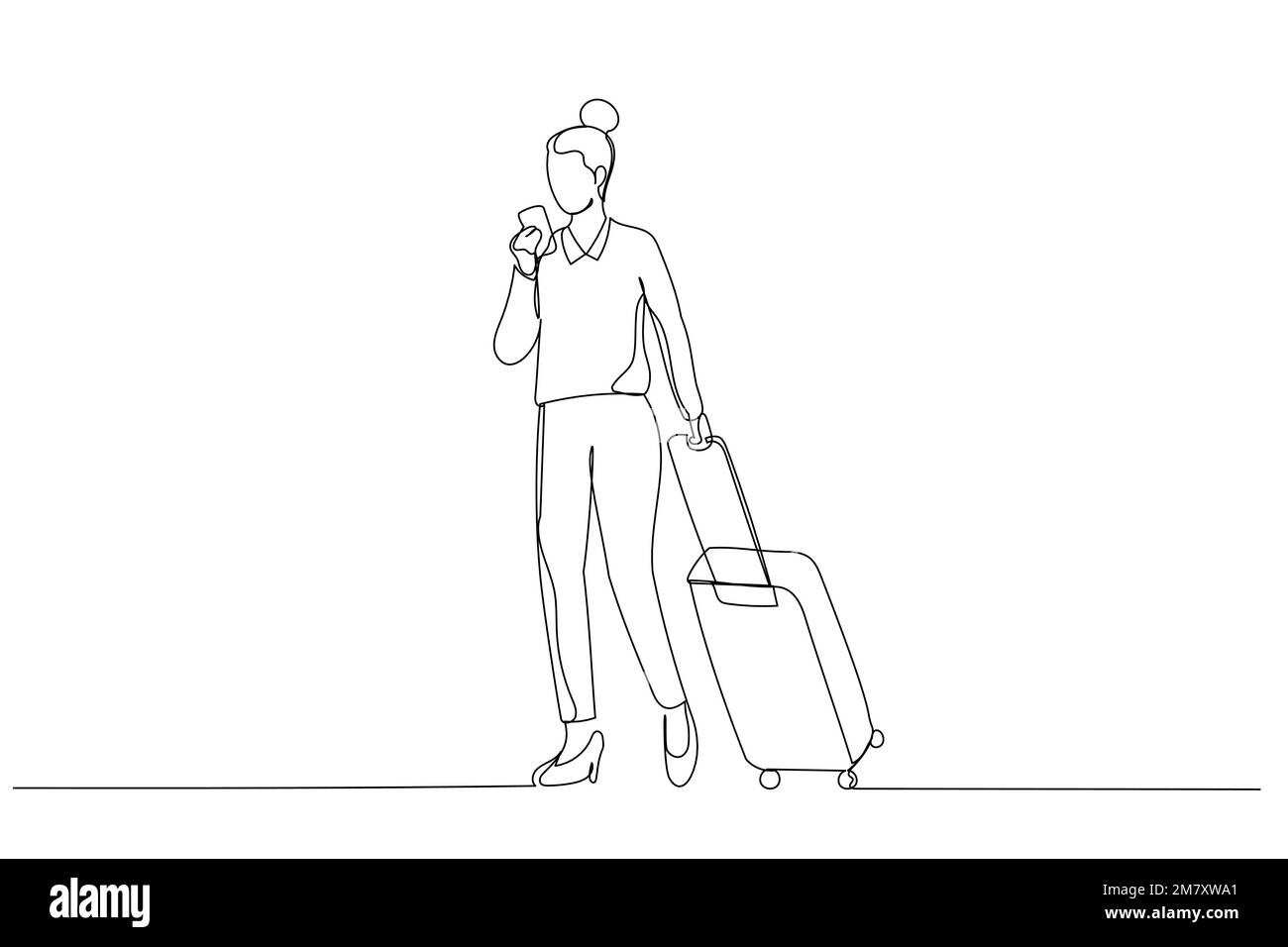 Illustrazione di una donna d'affari asiatica usa lo smartphone con la valigia durante il suo viaggio d'affari. Stile artistico a linea singola Illustrazione Vettoriale