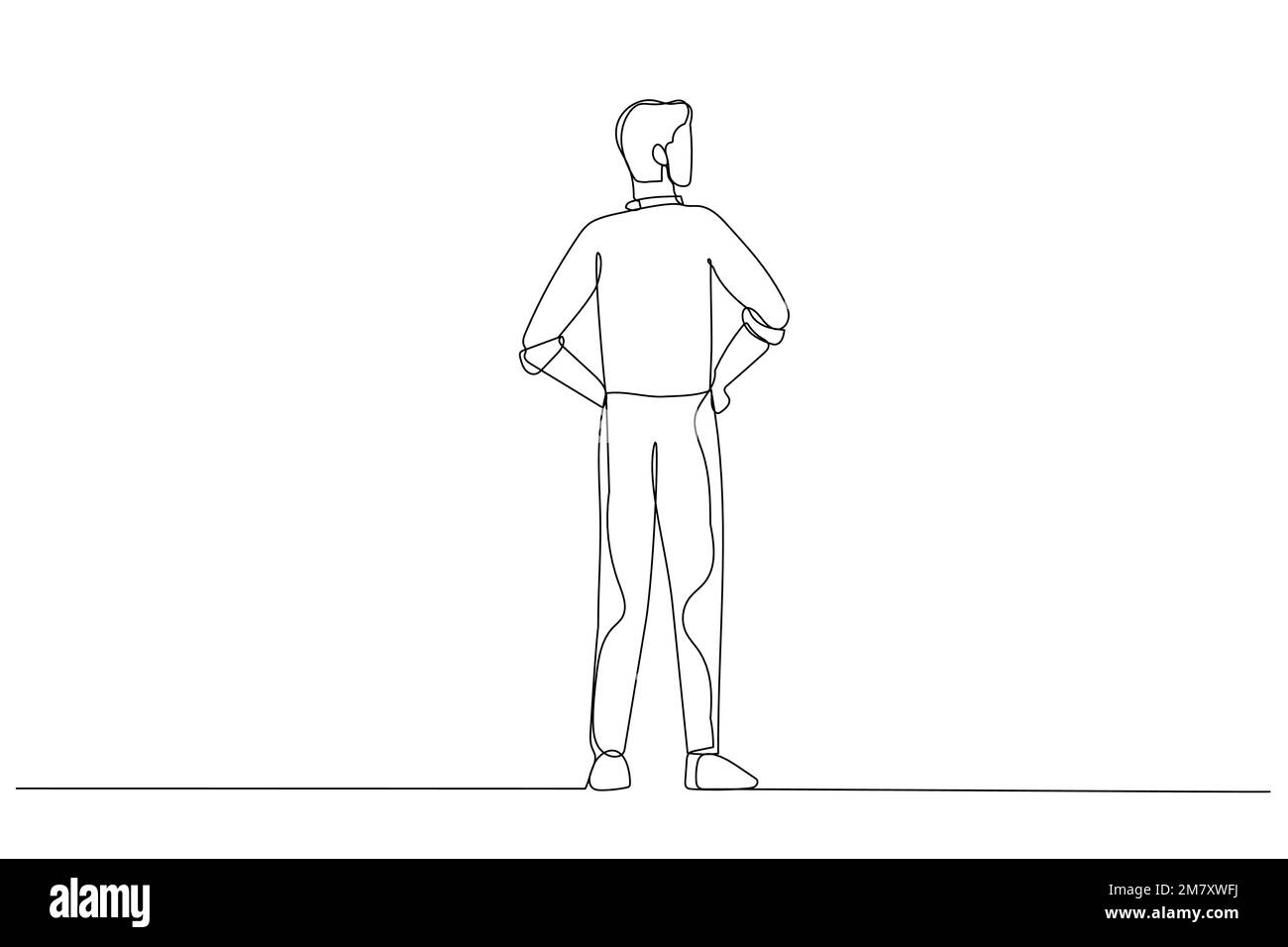 Disegno di uomo d'affari in una vista laterale e guarda una mano girata in su come se tenendo qualcosa. Stile artistico a linea continua singola Illustrazione Vettoriale