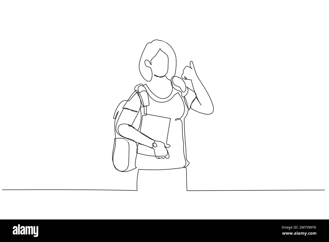 Cartoon di una studentessa che mostra un gesto di segno con i pollici, con lo zaino e i libri in mano. Stile artistico a linea singola Illustrazione Vettoriale