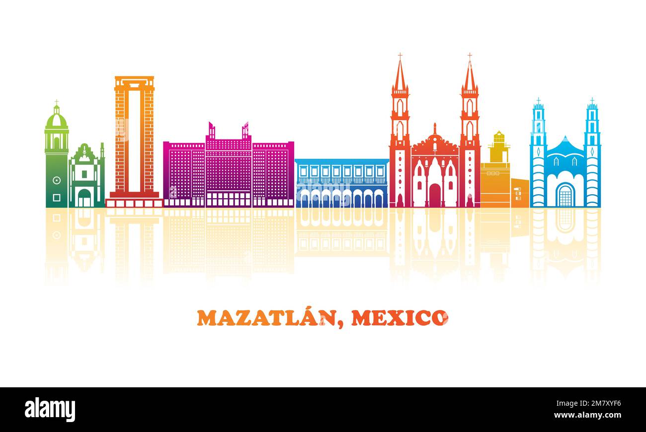 Panorama sullo skyline colorato della città di Mazatlan, Messico - illustrazione vettoriale Illustrazione Vettoriale