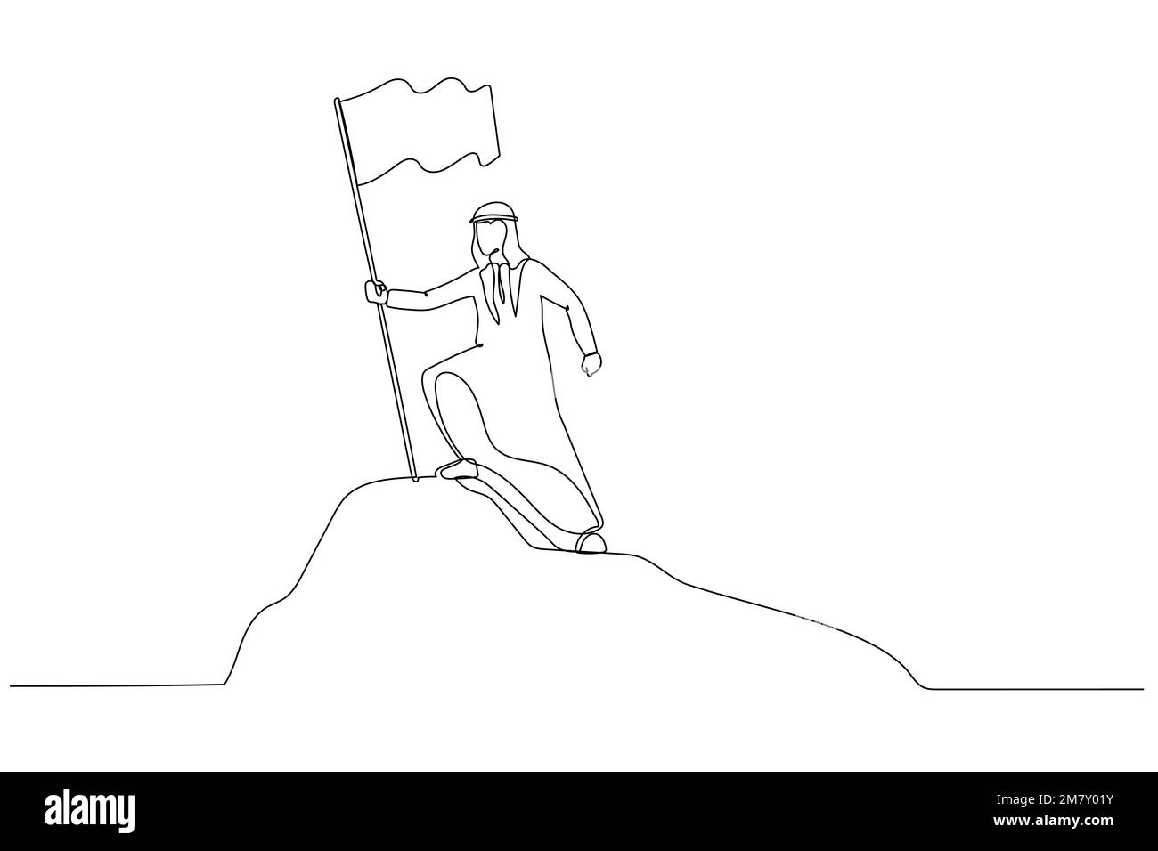 Cartone animato di un uomo d'affari arabo in piedi sulla cima della cima della montagna che detiene la bandiera come conquistatore. Un design in stile artistico a linea continua Illustrazione Vettoriale