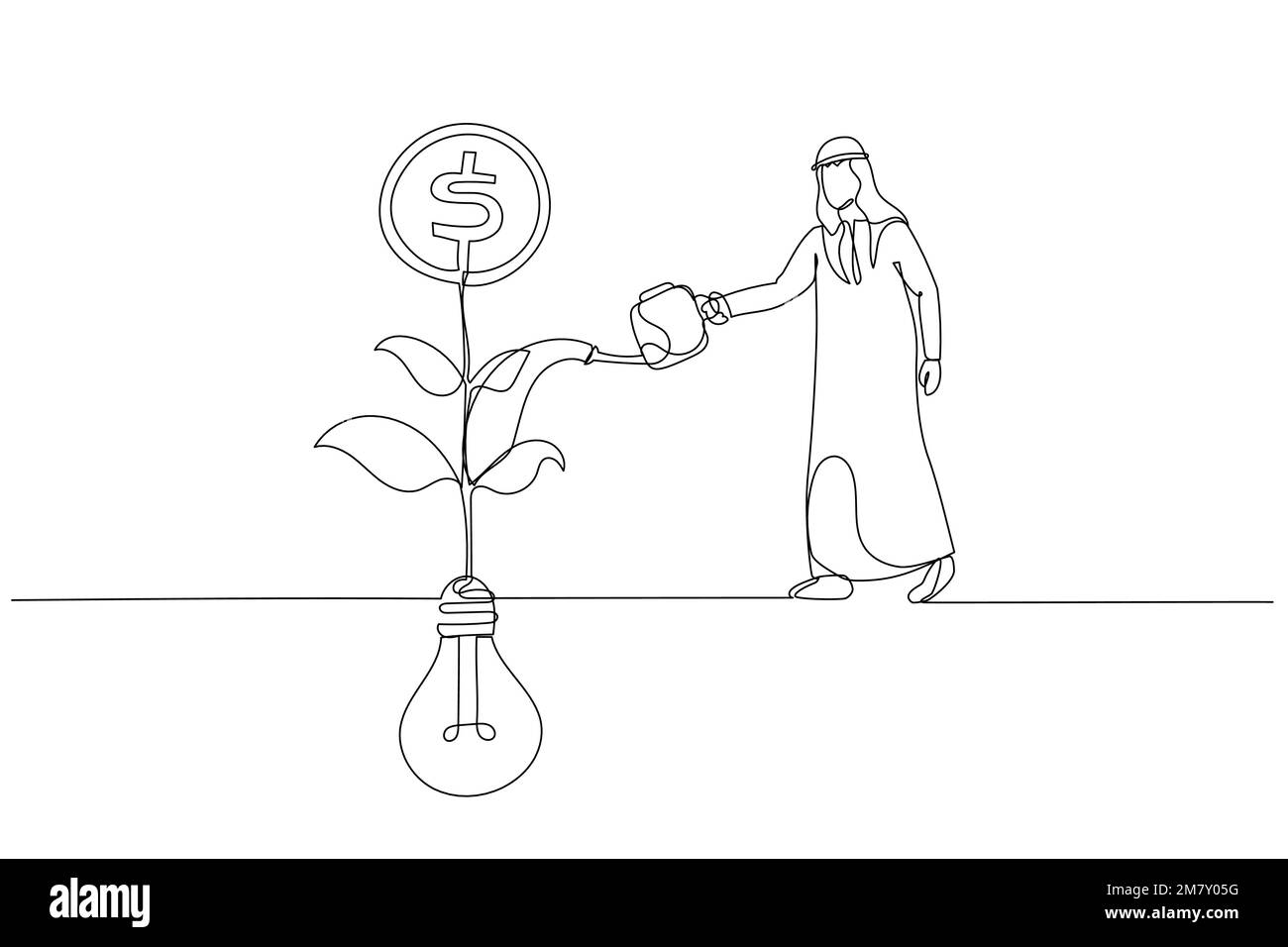 Disegno dell'uomo d'affari musulmano arabo che innaffia sulla pianta di seedling di moneta crescente da metafora di idea della lampadina di monetize. Stile artistico a una linea Illustrazione Vettoriale