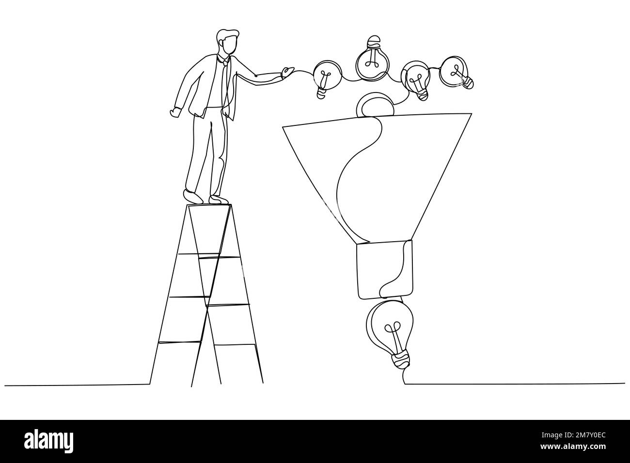 Disegno di un uomo d'affari aiutare mettere piccola lampadina in imbuto per ottenere l'idea finale. Imbuto idea. Stile artistico a linea continua singola Illustrazione Vettoriale