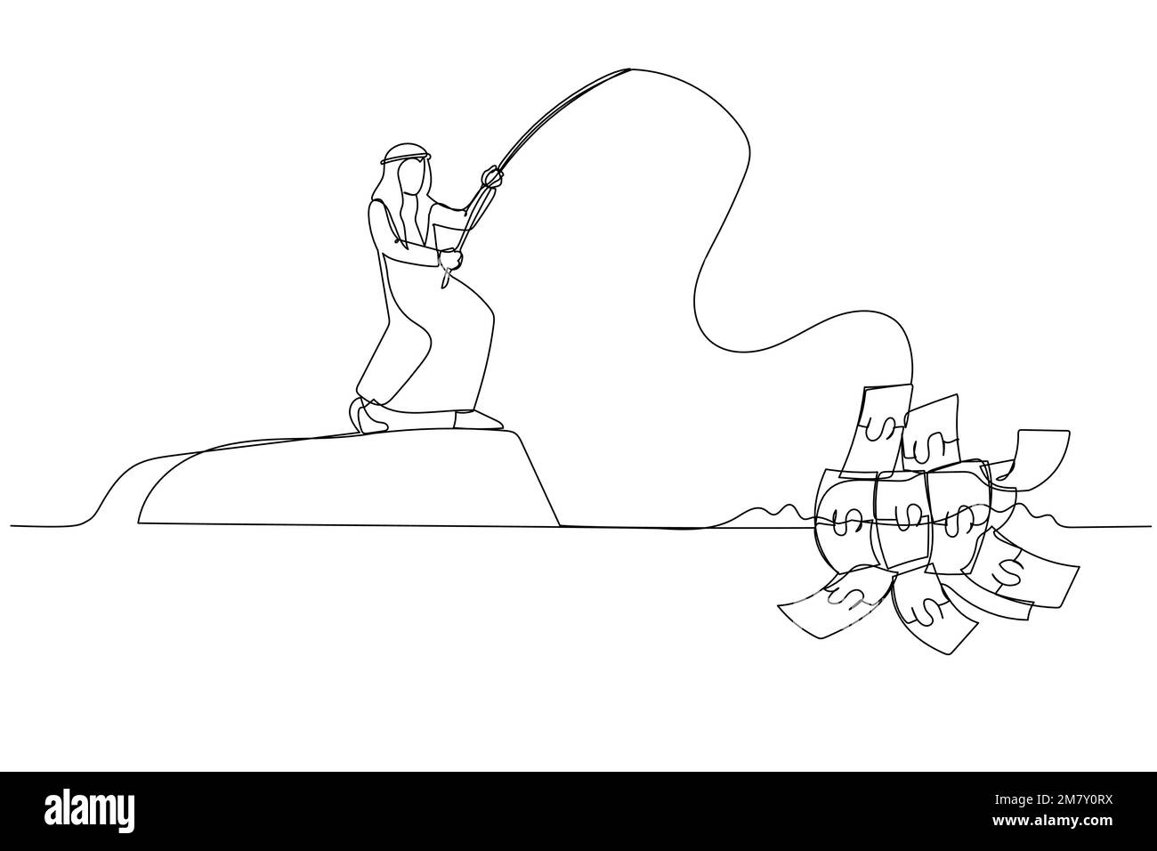 Disegno del concetto arabo di soldi di pesca di imprenditore di ricerca di profitto. Design di stile artistico a linea singola Illustrazione Vettoriale