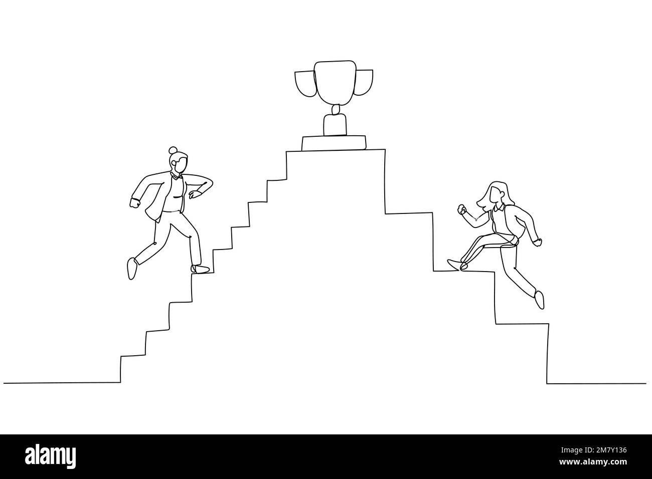 Cartone animato di businesswoman salendo le scale verso il trofeo in cima. Design in stile artistico a una linea Illustrazione Vettoriale