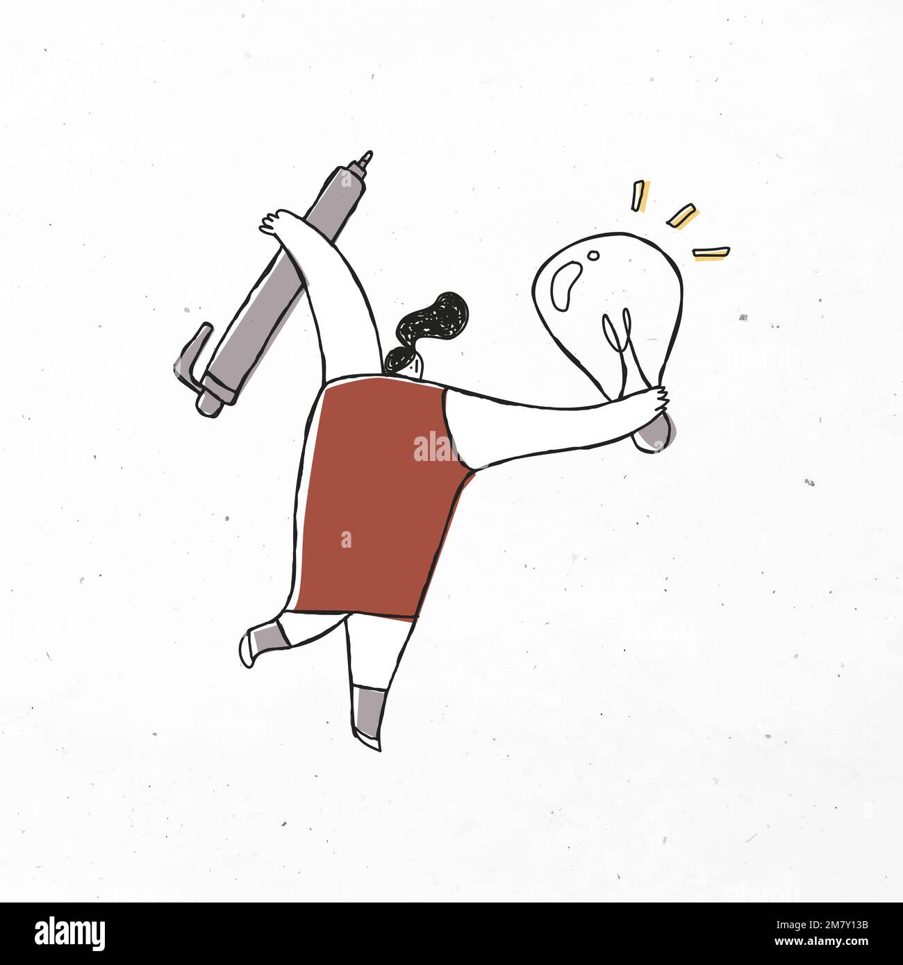 Vettore donna creativa tenendo penna e lampadina icona cartone animato Illustrazione Vettoriale