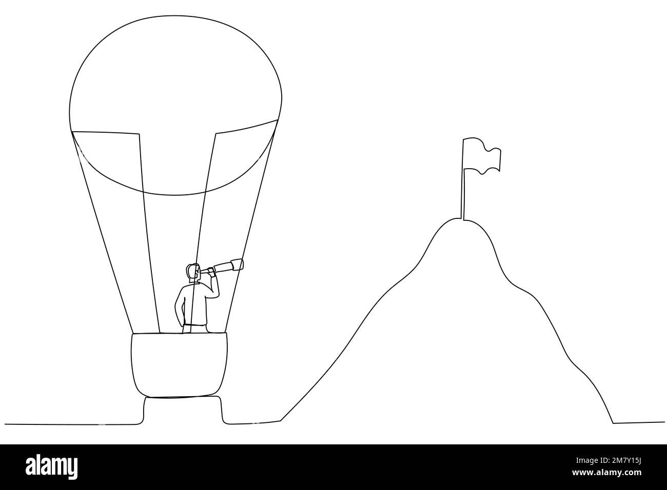 Disegno di uomo d'affari in mongolfiera che vola verso la montagna con il concetto di bandiera di obiettivo. Design unico in stile artistico a linea continua Illustrazione Vettoriale