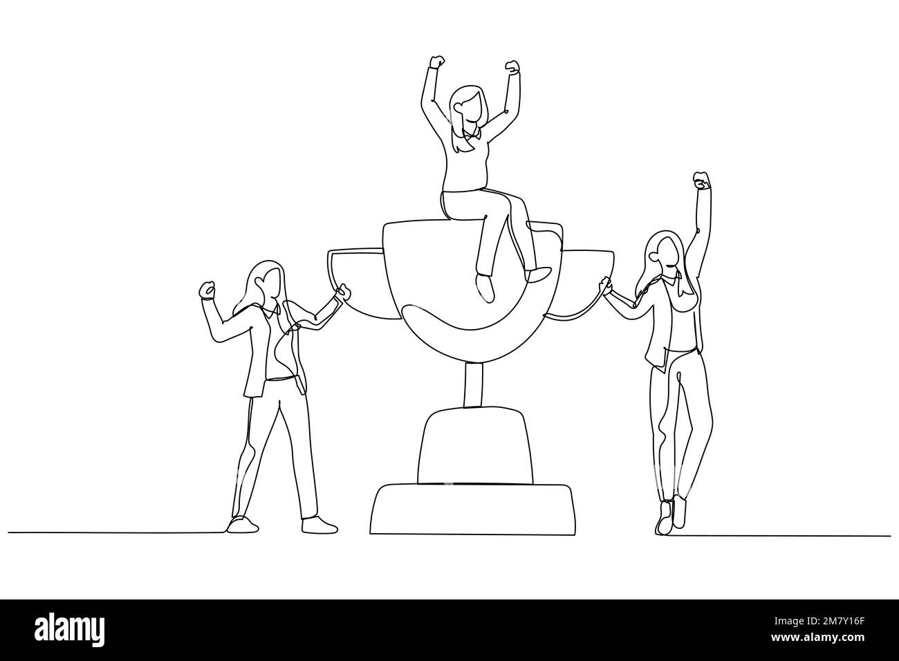 Illustrazione di una donna d'affari che festeggia la vittoria con il trofeo della squadra. Un design in stile artistico a linea continua Illustrazione Vettoriale