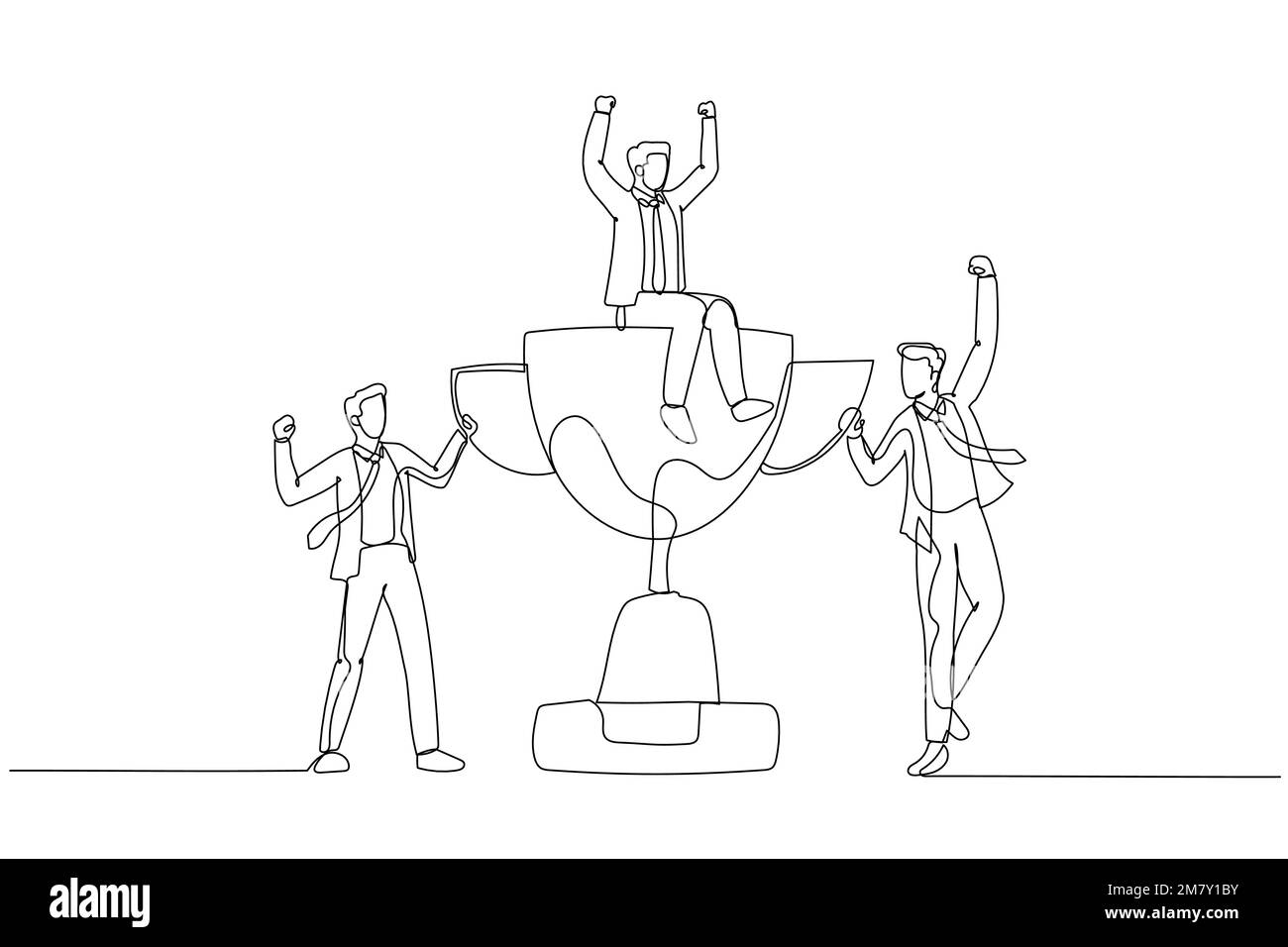 Disegno di uomo d'affari che celebra la vittoria con la squadra che tiene il trofeo. Design unico in stile artistico a linea continua Illustrazione Vettoriale