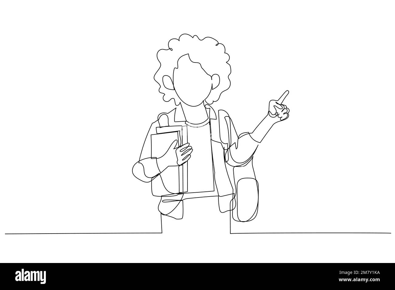 Disegno della ragazza della scuola in vestiti casual zaino tenere libri punto indice dito da parte su spazio copia. Stile artistico a linea continua singola Illustrazione Vettoriale