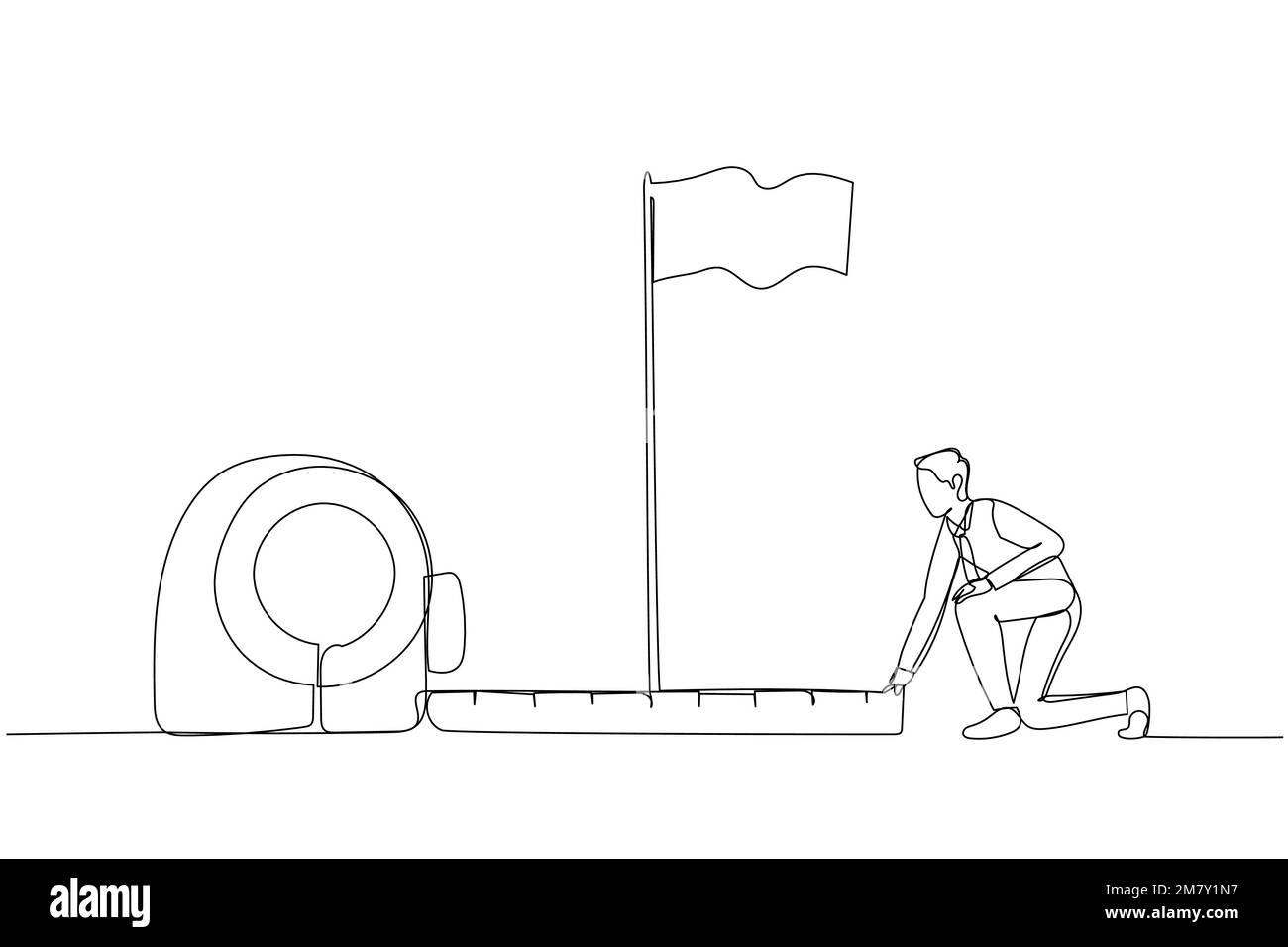 Disegno di un uomo d'affari che utilizza il nastro di misurazione per analizzare la distanza dalla bandiera bersaglio. Design unico in stile artistico a linea continua Illustrazione Vettoriale