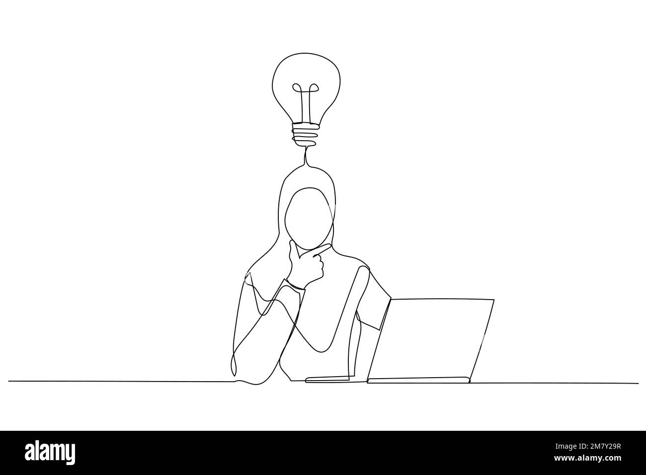 Disegno di una donna d'affari musulmana che pensa al progetto sul posto di lavoro pensieroso. Design in stile artistico a una linea Illustrazione Vettoriale