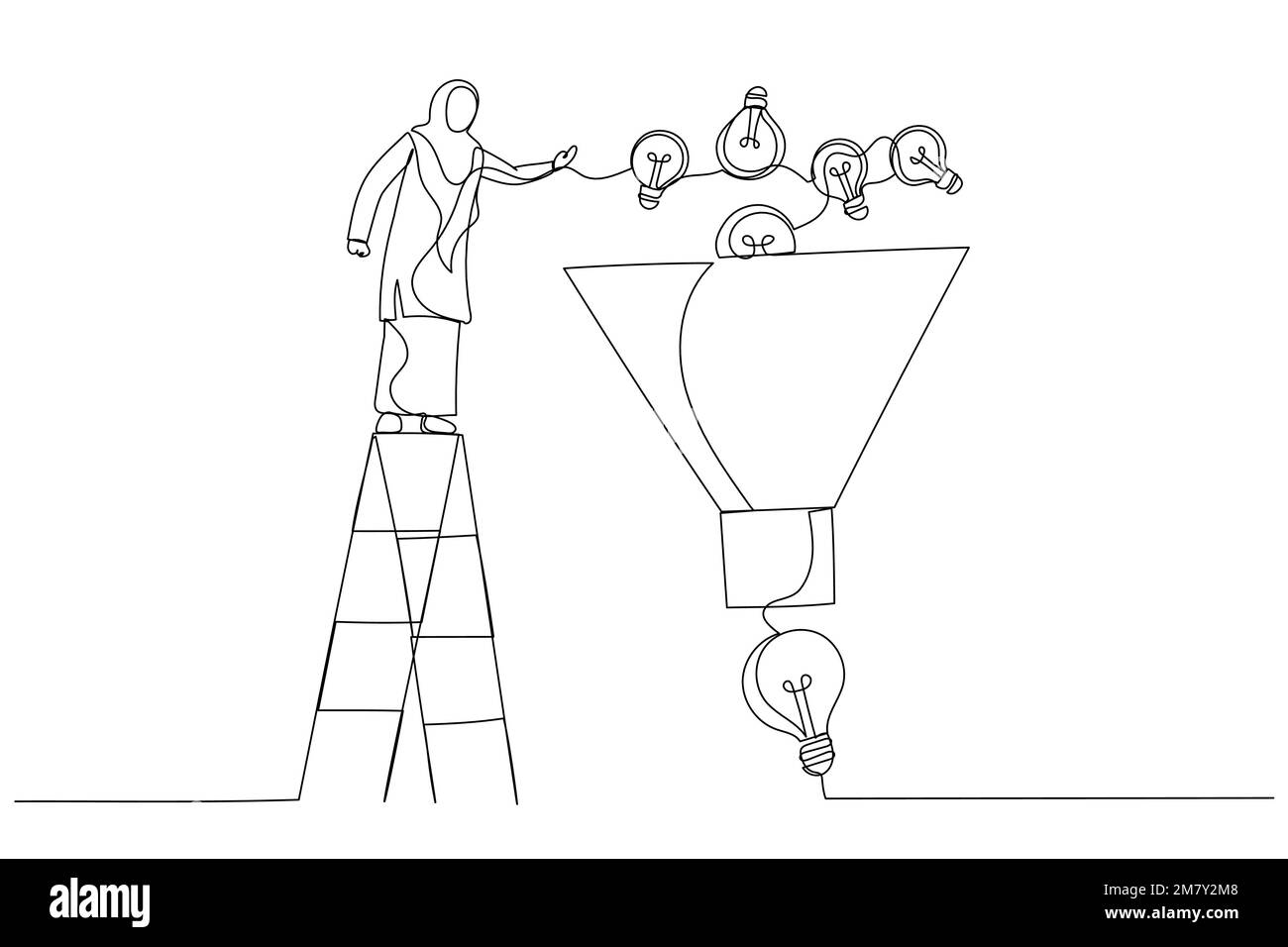 Illustrazione di una donna d'affari musulmana aiutare mettere piccola lampadina in imbuto per ottenere l'idea finale. Imbuto idea. Stile artistico a una linea Illustrazione Vettoriale