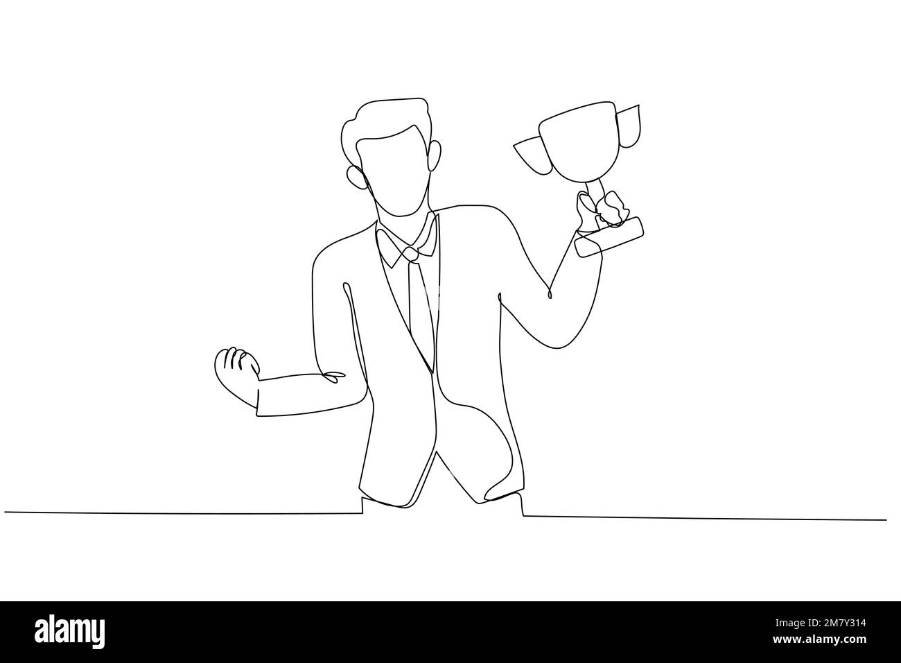 Illustrazione dell'uomo d'affari che tiene un successo del trofeo ottenga la promozione. Design di stile artistico a linea singola Illustrazione Vettoriale
