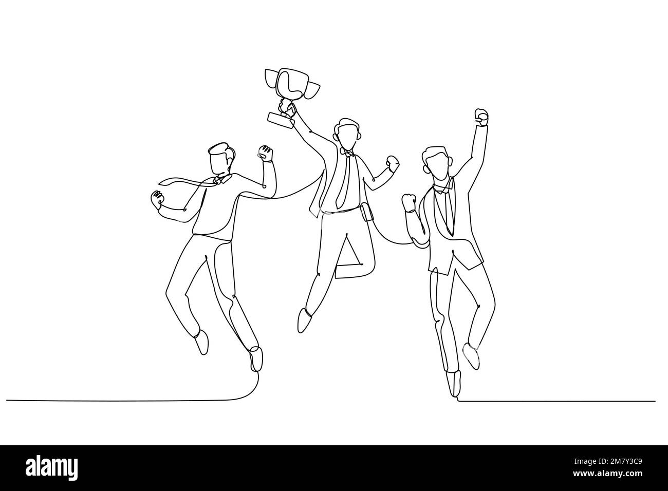 Disegno di uomo d'affari salta in aria con la coppa trofeo in mano ottenendo il riconoscimento. Design a linea continua singola Illustrazione Vettoriale